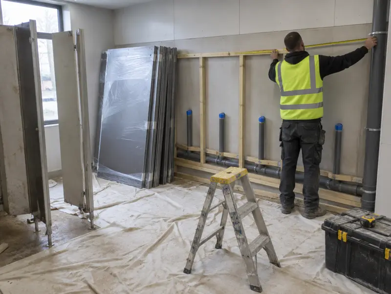 Washroom refurbishment in progress with new IPS framework and cubicle panels ready to fit