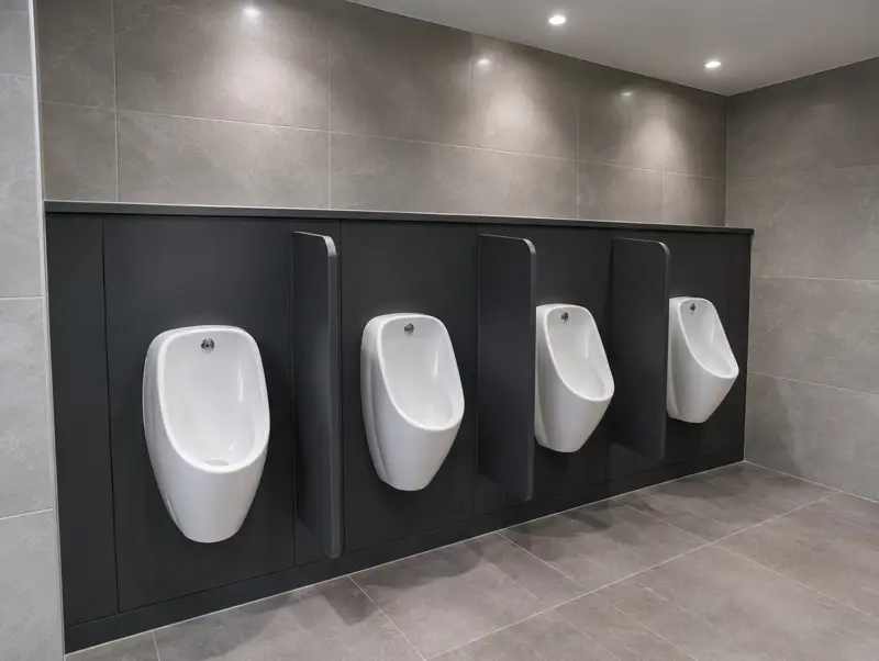 Urinals with charcoal modesty screens mounted on matching IPS duct panelling