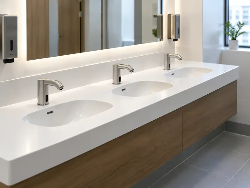 Solid-surface vanity unit with three integrated basins, sensor taps and a backlit mirror