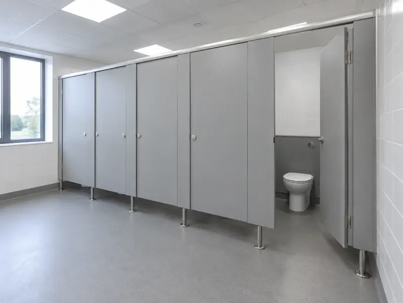 Row of light grey compact laminate toilet cubicles on stainless steel legs with IPS panelling