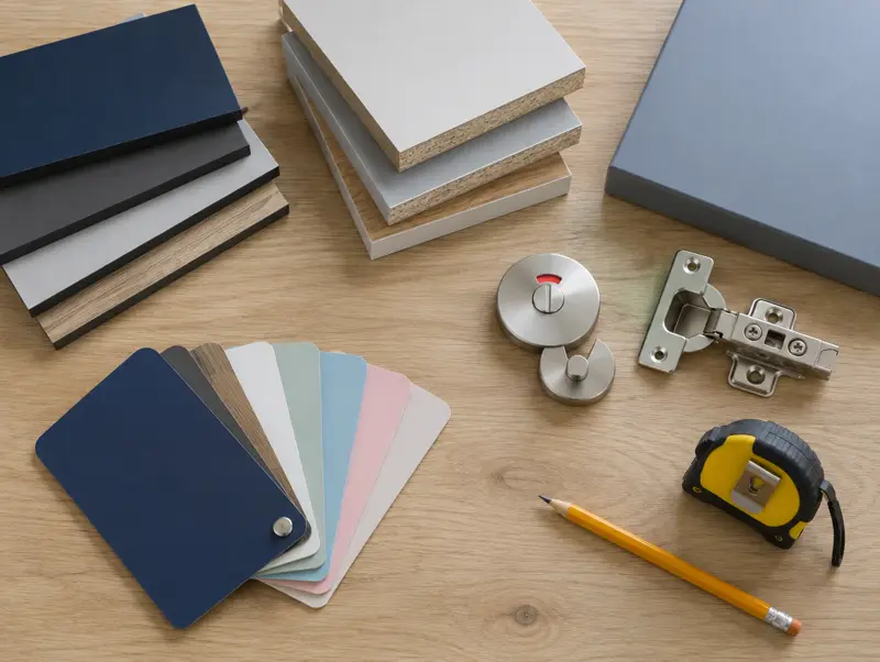Cubicle material samples: compact laminate, MFC and flush-fronted panels with colour swatches