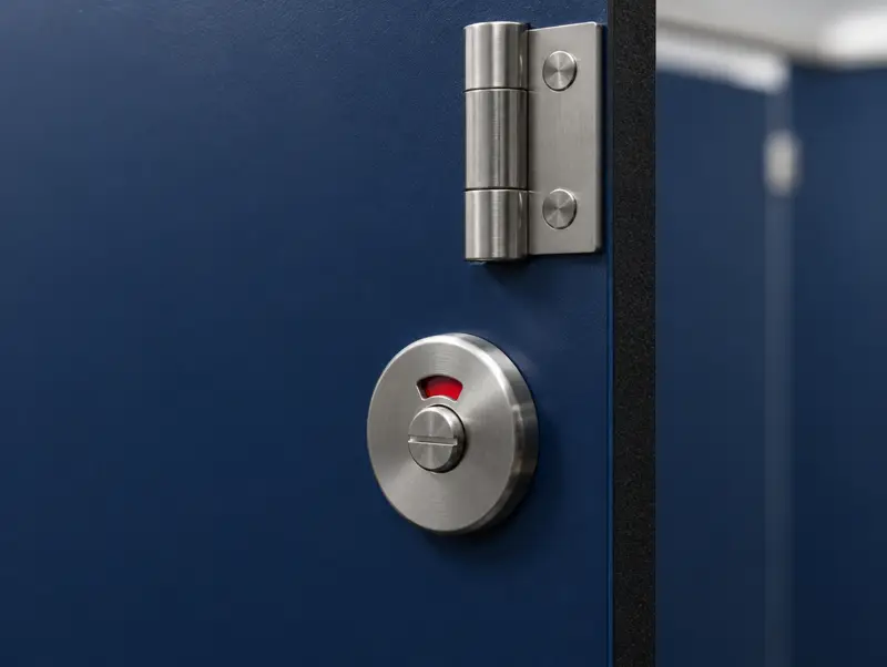 Close-up of a stainless steel indicator lock and hinge on a navy compact laminate door
