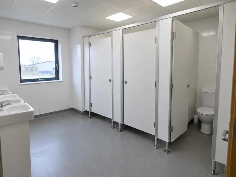 White MFC toilet cubicles with aluminium feet in a staff washroom