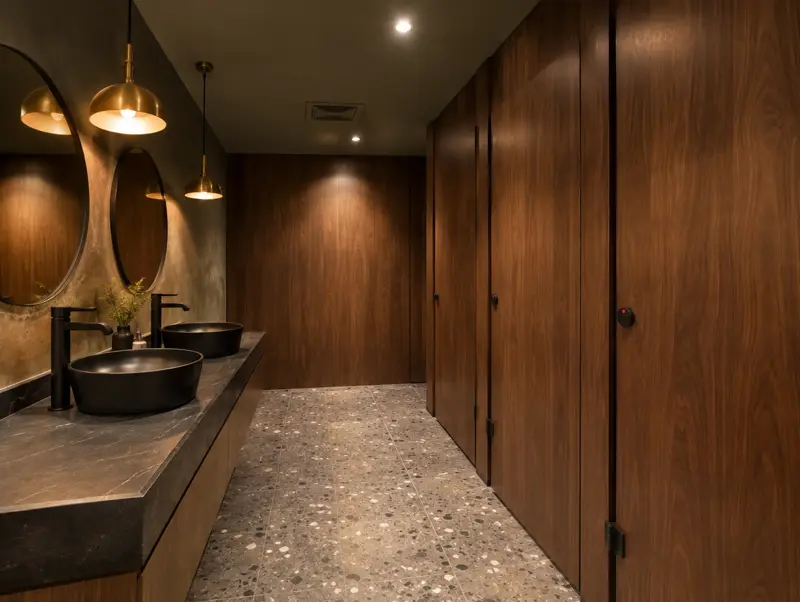 Restaurant washroom with walnut-effect full-height cubicles and a stone vanity