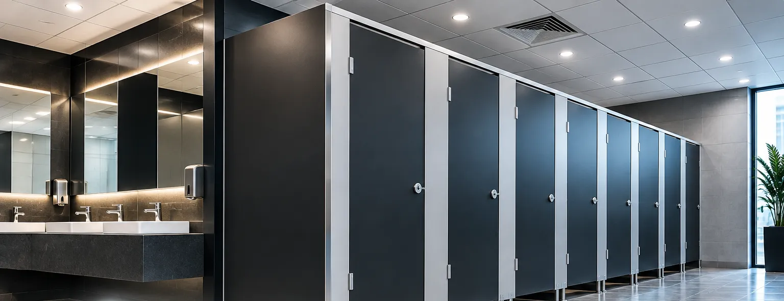 Run of dark compact laminate toilet cubicles beside a stone vanity
